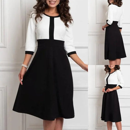 Women Elegant Patchwork Black and White Party Dress 2023 Autumn Plus Size Dresses Ladies Chic Seven Sleeve Evening Dress