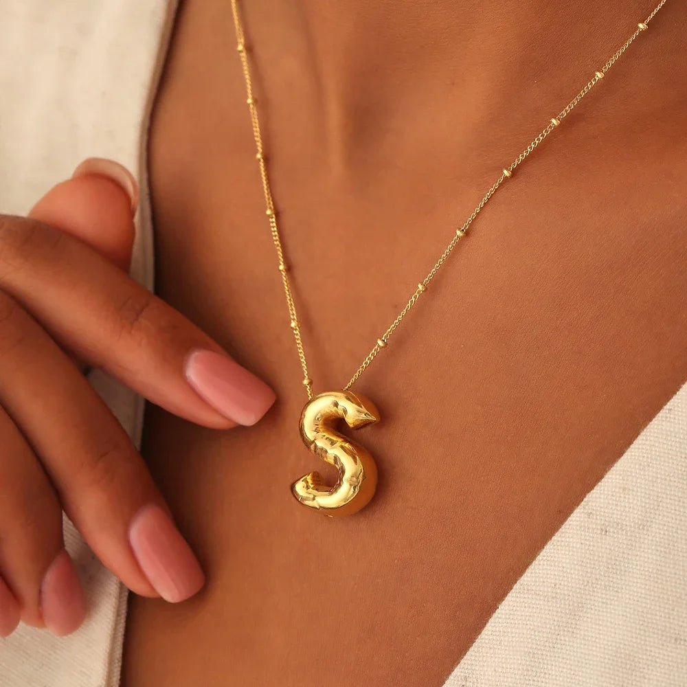 Vintage Stainless Steel Balloon Bubble Chunky Letter Necklace for Women 18K Gold