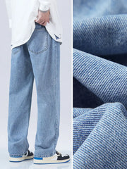 Blue Jeans Men Korean Vintage Banding Waist Denim Cotton Casual Wide-Leg Long Pants