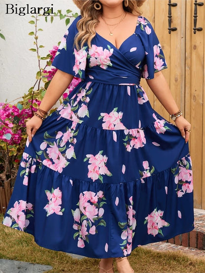 Plus Size Summer Flower Floral Print Long Dress Women V-Neck Backless Fashion Ruffle Pleated Ladies Dresses Loose Woman Dress