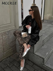 Leopard Print Jeans Trousers Women Elegant Slim Button Zipper Pencil Pants