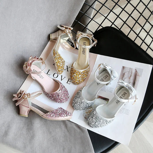 Baby Girl Shoes Princess Fashion Sequins Low Heel Summer Girls Sandals Cute Bowknot Kids Girls Party Shoes size 26-35 SMG077