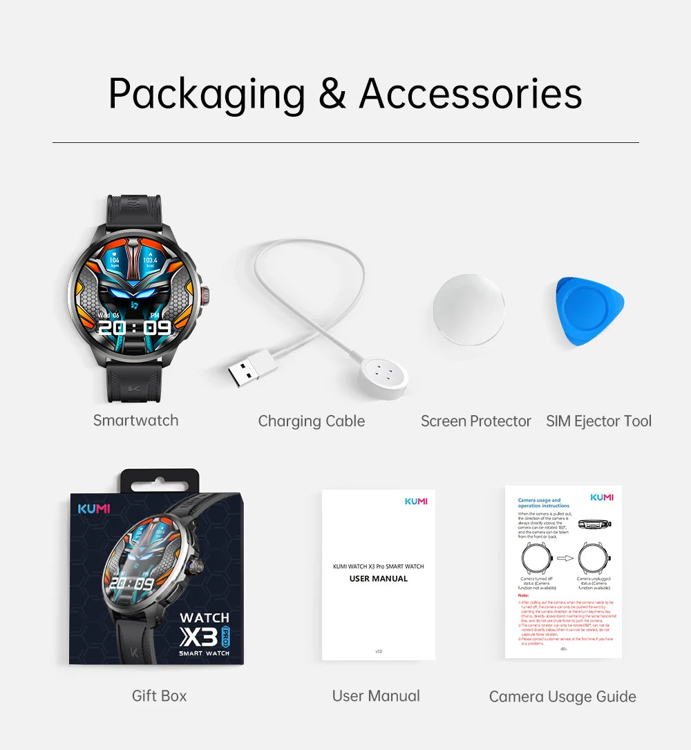 KUMI Watch X3 Pro Android 4G WiFi Smartwatch, 1.75" AMOLED, GPS, 200MP Camera, 32GB, Waterproof, Fitness Tracking Smart Watch