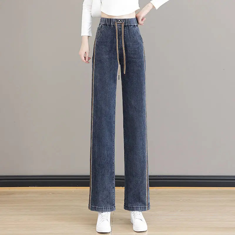 Spring Autumn Women's Elastic Waist Striped Draw Shirring Pockets