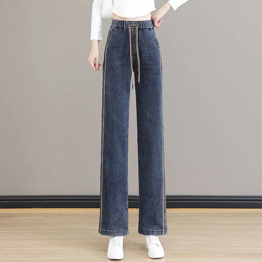 Spring Autumn Women's Elastic Waist Striped Draw Shirring Pockets
