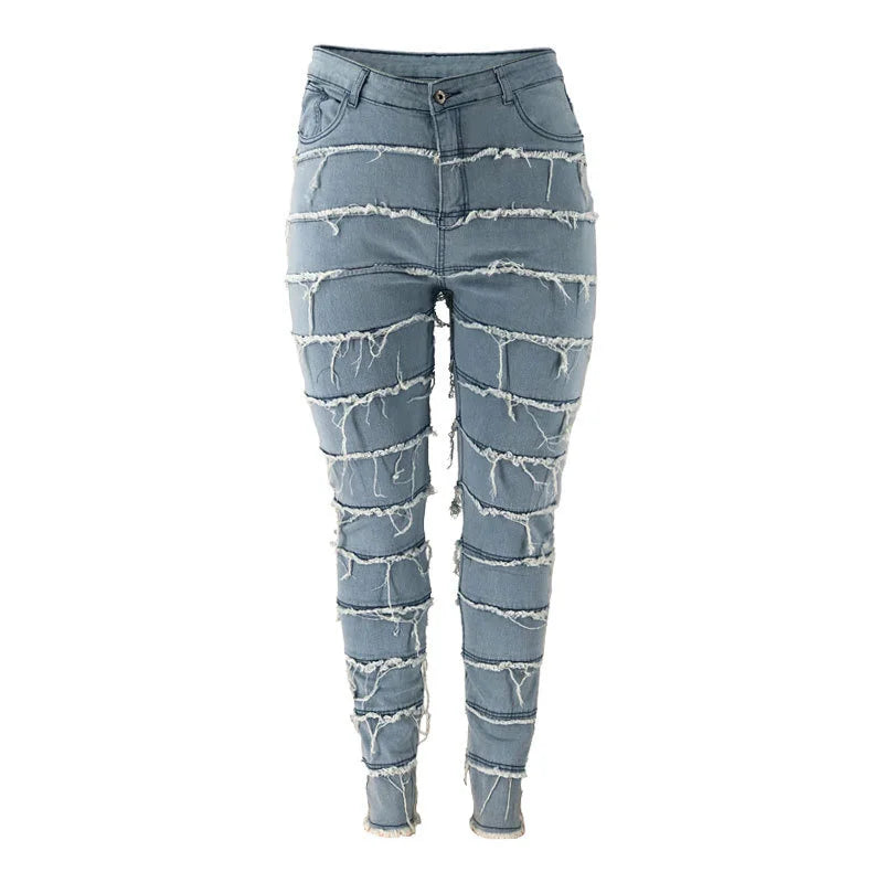 Plus Size Jeans Wash Tassel Tight Elastic Stitching Large Women's Jeans