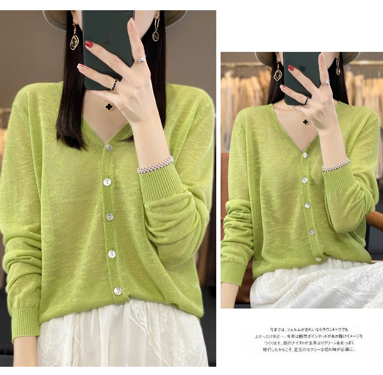 Summer Sunscreen Ice Silk Cardigan Women's V-Neck Long Sleeve Loose Knitted