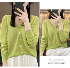 Summer Sunscreen Ice Silk Cardigan Women's V-Neck Long Sleeve Loose Knitted