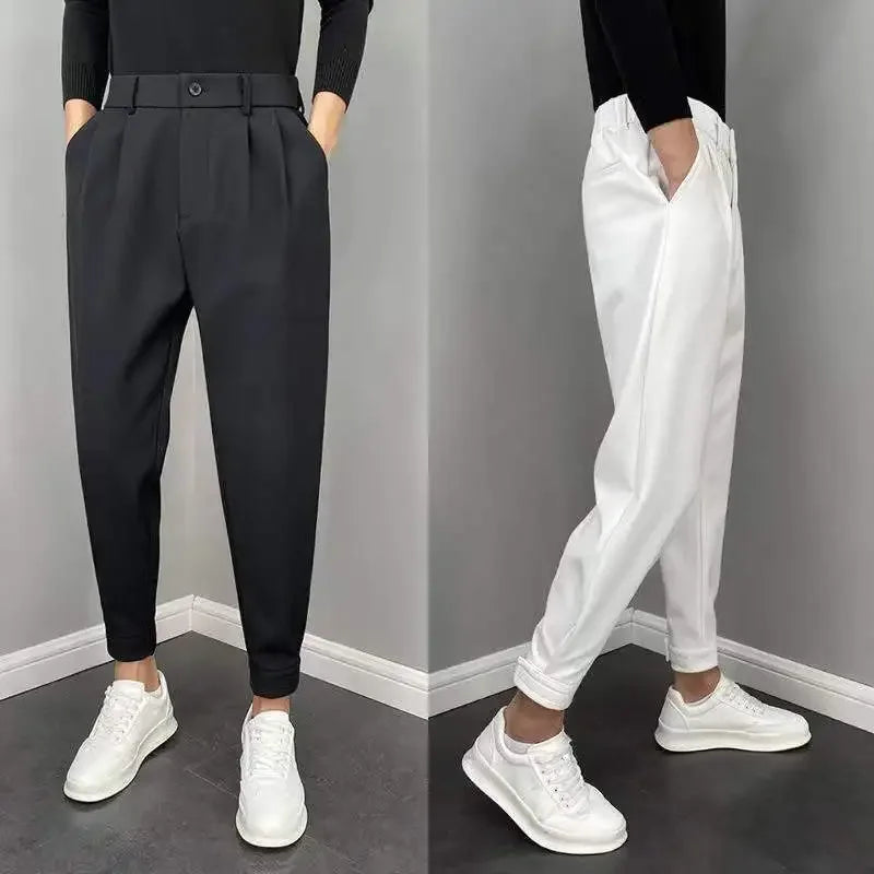 Korean Style Ankle Tied Cropped Casual Pants for Men, Draping Slim-Fit