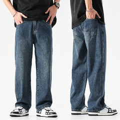 Baggy Jeans Men Wide Leg Jeans Dark Blue Denim Pants Straight