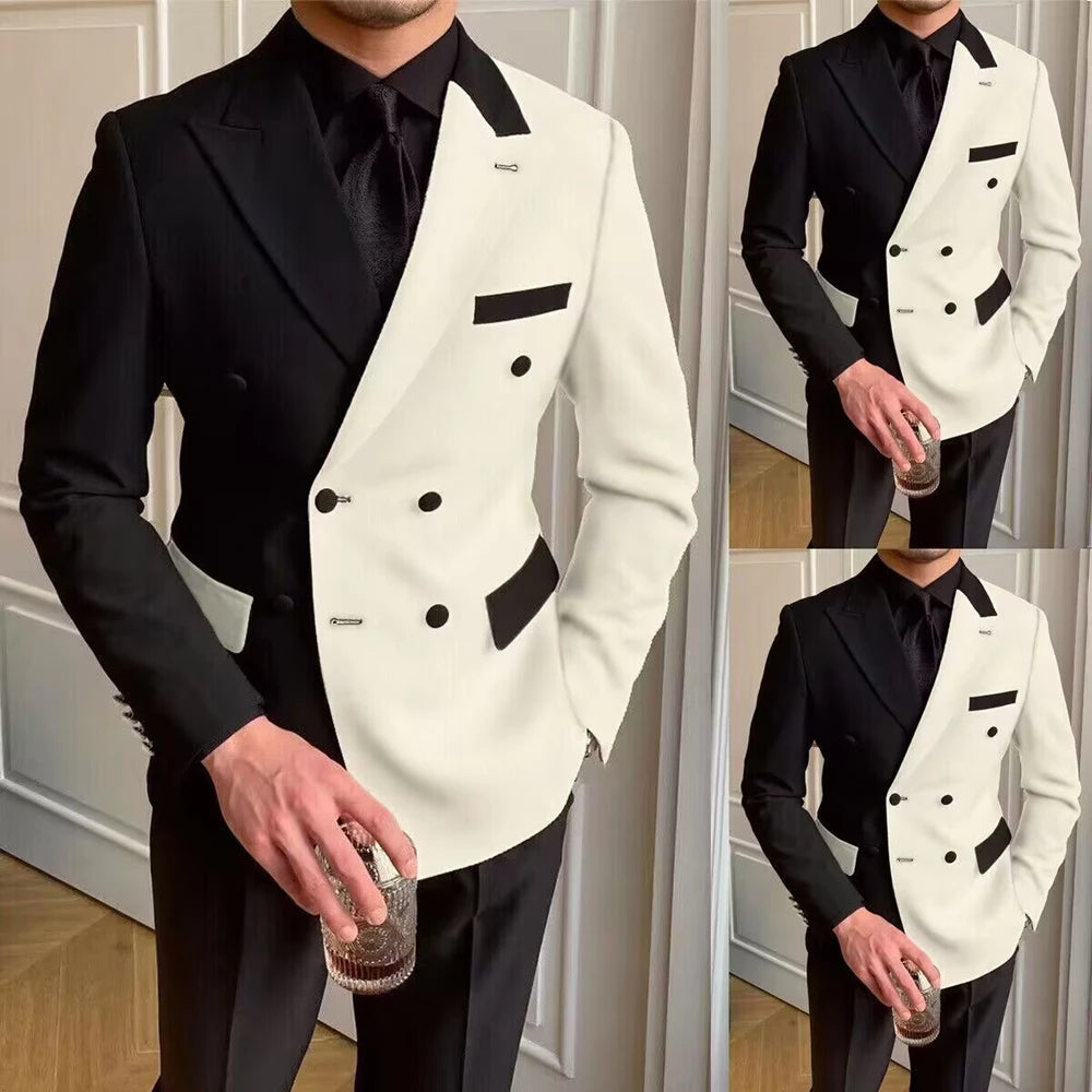 Tuxedo for Mens: Suits for Men Black White Fashion Peak Lapel Double Breasted Mens Suit