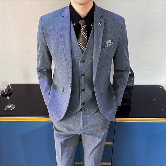 Suit Pants Vest 3 Pcs Set Fashion Men's Casual Boutique Business Solid Color Woolen Blazers