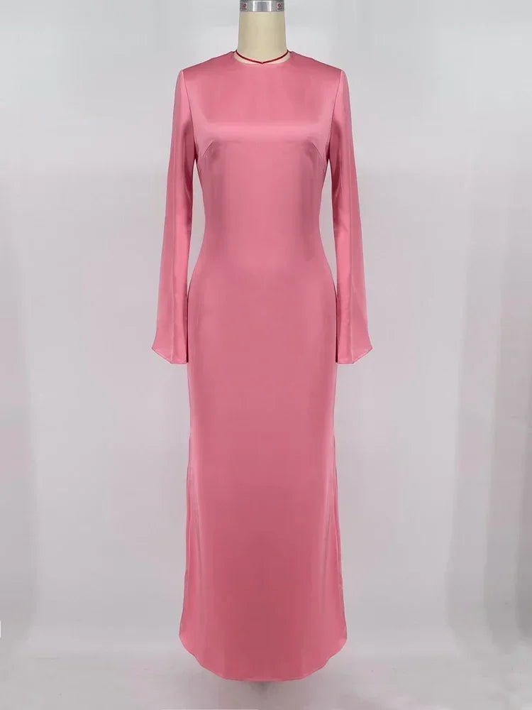 Tossy Satin Fashion Slim Maxi Dress For Women Long Sleeve High Waist