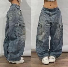 High street hip hop men's and women's pocket loose jeans