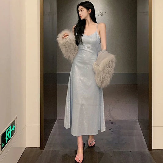 Formal attire Dresses: V-Neck Women Fashion Spaghetti Strap Evening Dress