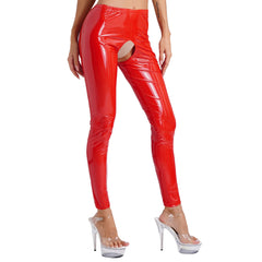 Womens Wet Look PVC Leather Open Crotch Butt Leggings High Waisted Crotchless