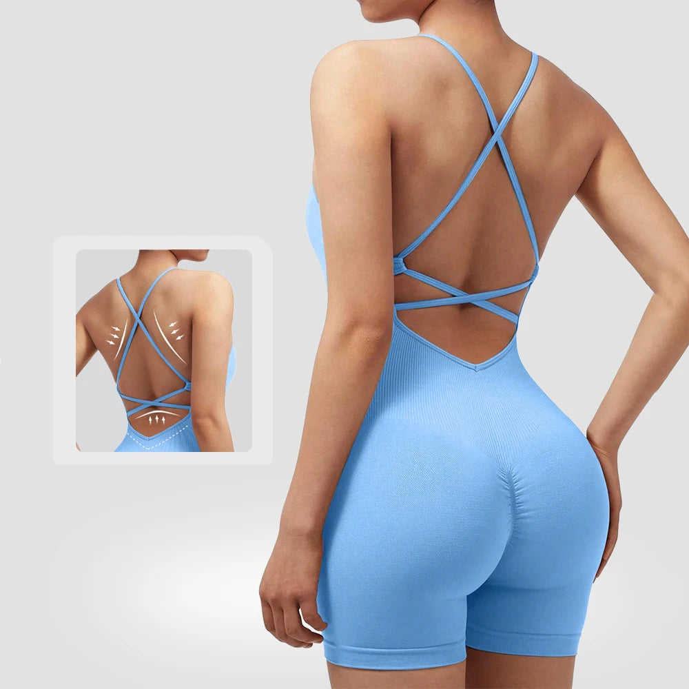 Yoga Criss Cross Backless Cami Sports Romper,Women's Jumpsuits Ribbed One Piece