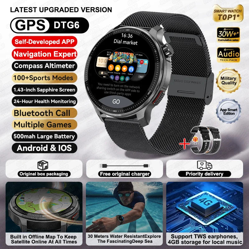 NEW GPS Offline Maps Smart Watch 1.43" AMOLED Military Sports Smartwatch 4GB Memory Video Player 30m Swim Waterproof Bracelet