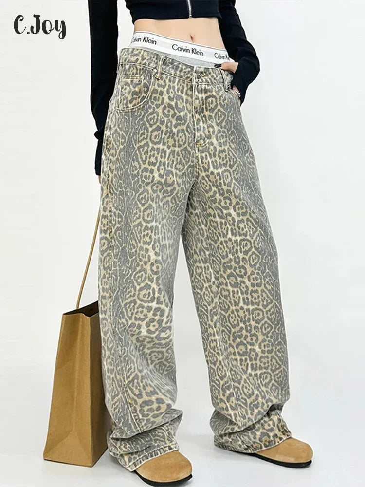 Vintage Fashion Leopard Jeans Women Y2k High Waist Loose Wide-leg Pants Female