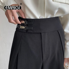 Buckle Loose Casual Wide Leg Suit Pants Male Japan Korean Streetwear Fashion Chic Straight Trousers