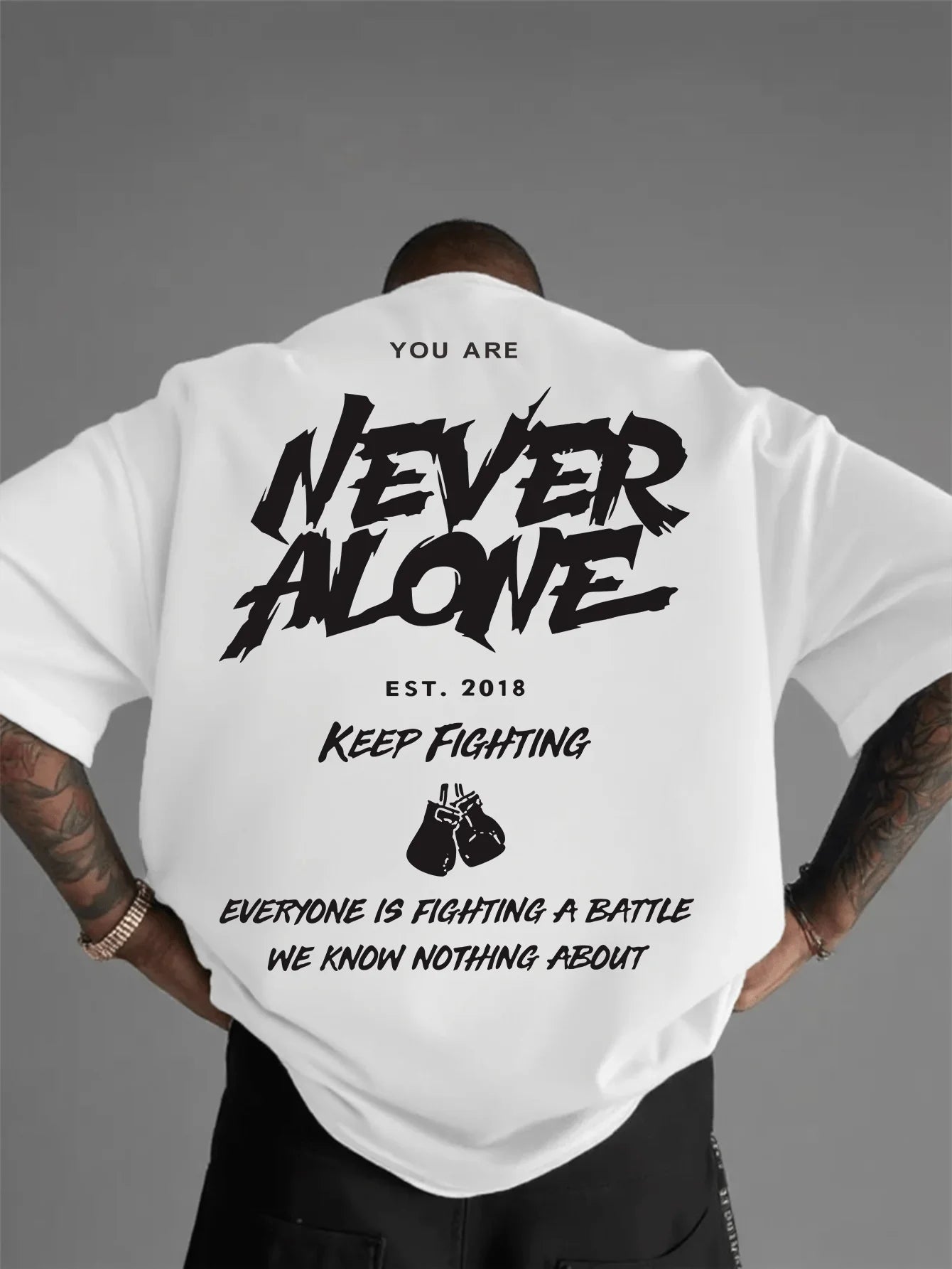 Men's Motivational Never Alone Boxing Graphic T-Shirt Soft Breathable Fabric Regular Fit Casual Tee Inspirational Quote EST