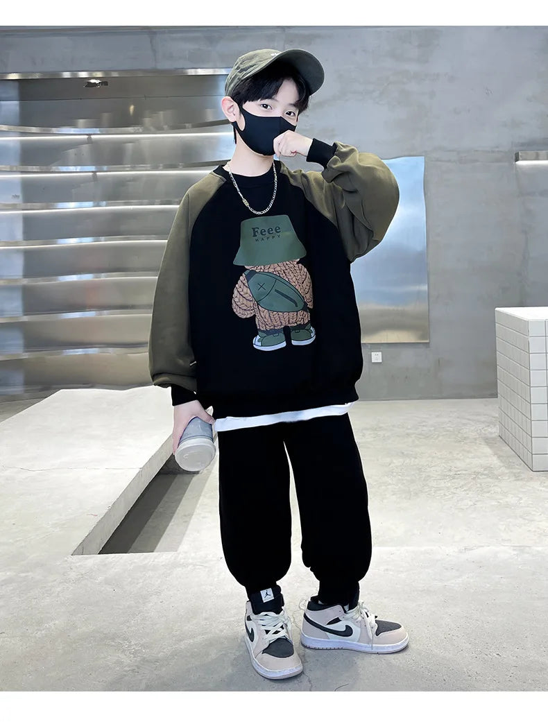 Spring Autumn Boys Patchwork Cartoon Sweatshirt+Sweatpant Workout Set School Kids 2PCS Tracksuit Children Jogging Outfit 5-16 Yr