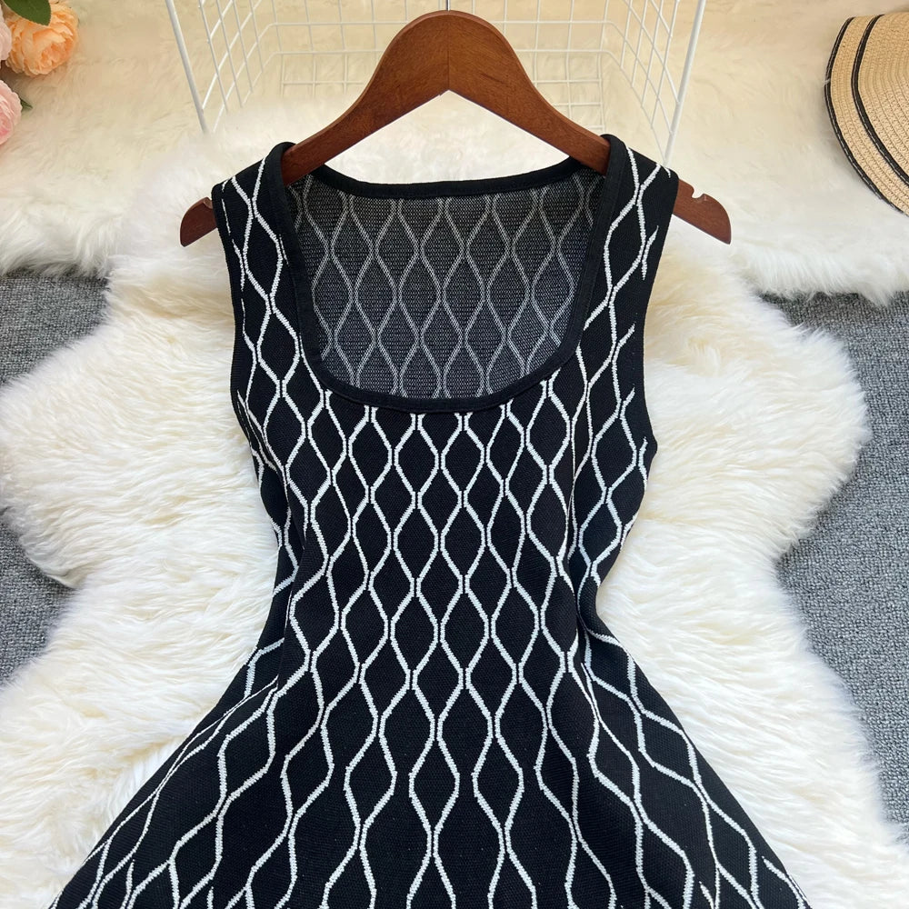 YuooMuoo Brand Fashion A-line Short Women Dress Elegant Y2K Geometric Knitted Summer Dress Female Harajuku Black Party Vestidos