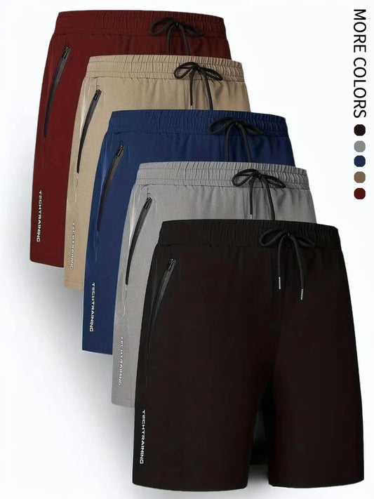Men's Five-Piece Shorts, Sports, Fitness, Swimming, with Zipper Pockets, Quick-Drying, Casual, Breathable, Drawstring Shorts, Suitable for Summer Outdoor Sports, Fitness Training, Home Leisure, Beach Vacation