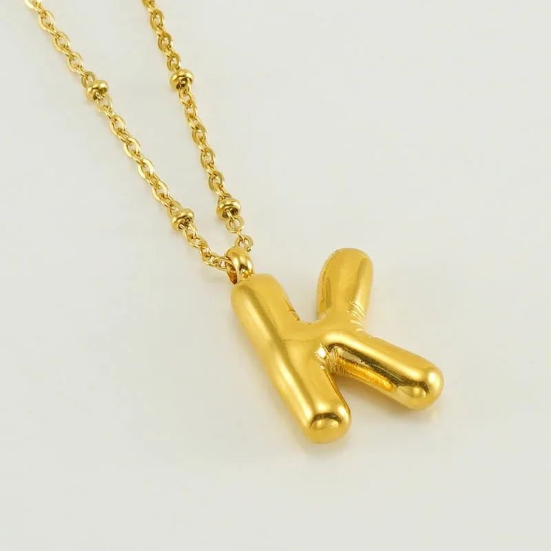 Vintage Stainless Steel Balloon Bubble Chunky Letter Necklace for Women 18K Gold