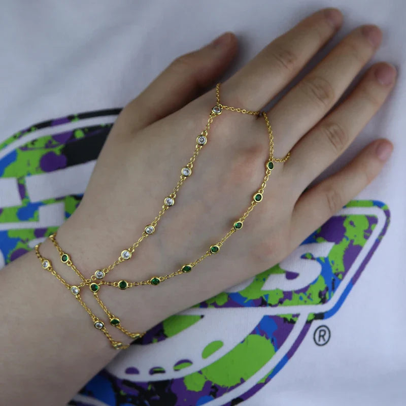 2023 Summer Jewelry Pendant Link Chain Ring Bracelet for Women White Green Blue Stone CZ Gold Plated Adjust Bracelet Accessories