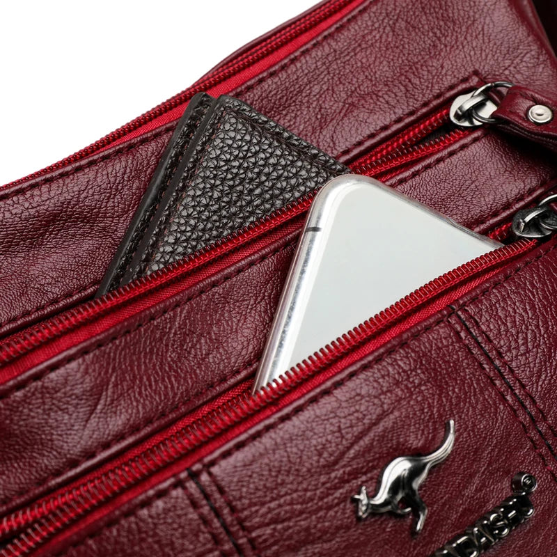 Women's Soft Leather Shoulder Bags Multi-Layer Pockets Messenger