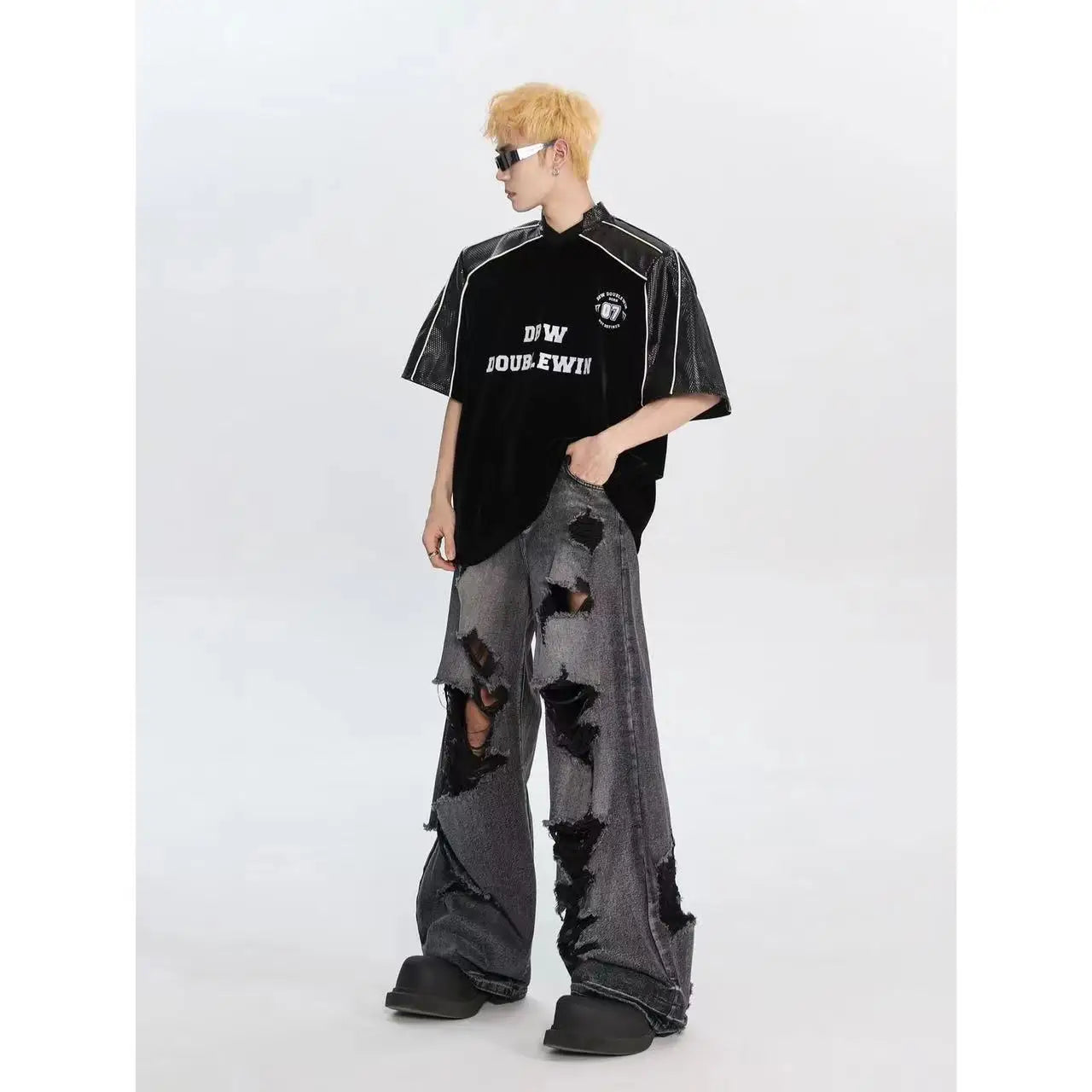 Men's Jeans Wide Leg Denim Pants Fashion Loose Ripped Jeans Straight Streetwear