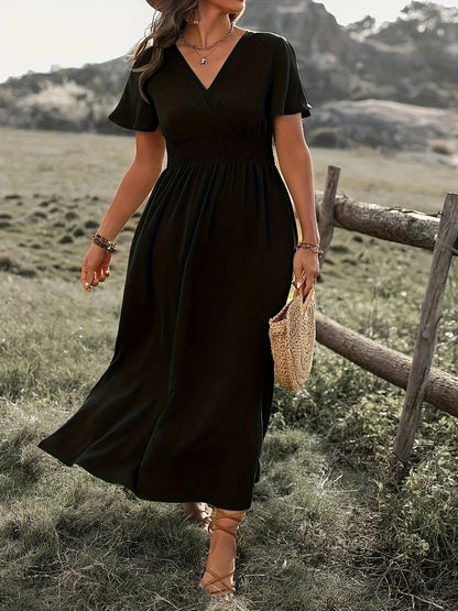 2024 European and American Summer New Plus Size Women's Casual V-neck Short Sleeve Split Dress