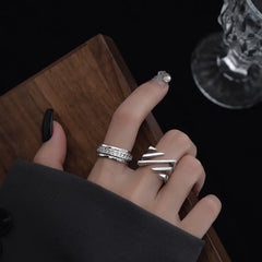 925 Silver Open Finger Ring Punk Lines Geometric Openwork Simple Stackable