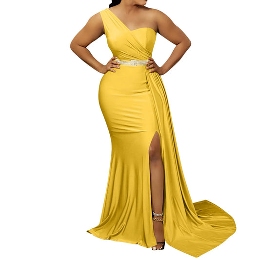 Yellow Women Bodycon Dresses Elegant One Shoulder Formal Party Event