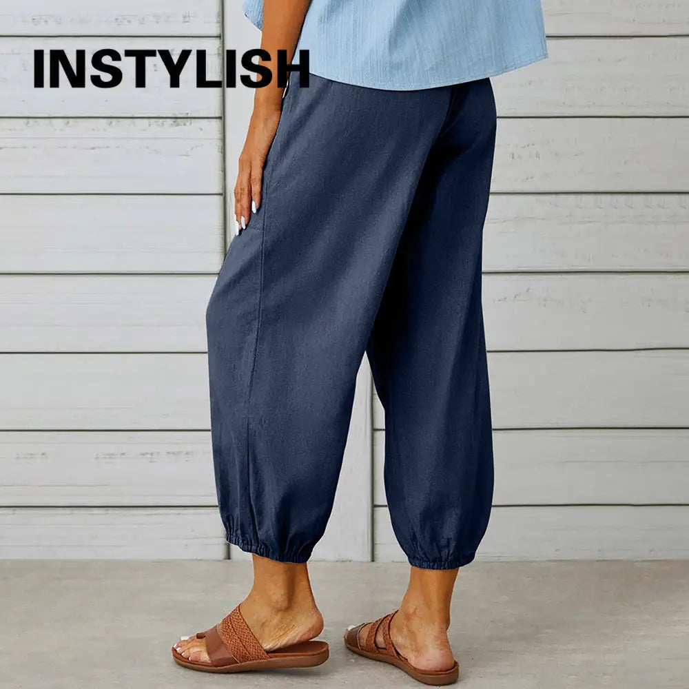 Women Cotton Linen Pants 2023 Autumn Solid Color Elastic Waist Loose Straight Trousers