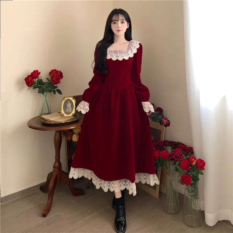 Evening Dresses: Dress Vintage Lace Splicing Gold Velvet Red Long Dress Elegant