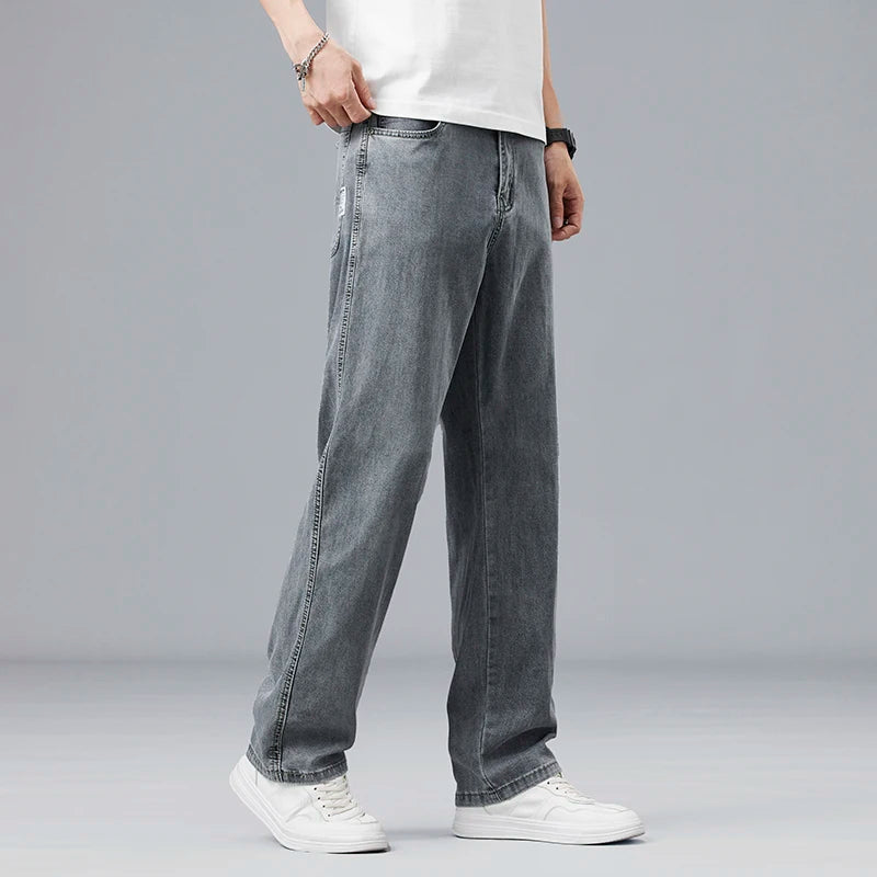 Lyocell Men's Jeans Drape Soft Fabric Loose Straight Casual Denim Pants