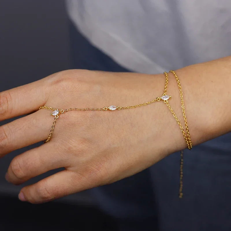 2025 New Geometric Marquise Cubic Zirconia CZ Paved Double Wrist Hand Chain Bracelet Simple Fashion Women Finger Slave Jewelry