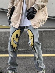 Irregular Ripped Hole Jeans Denim Pant Woman Man Straight Patchwork Baggy