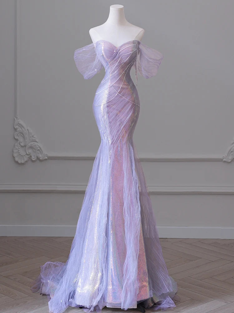 Homecoming Dresses: Purple Laser Sequin Beaded Mermaid Women Evening Dress
