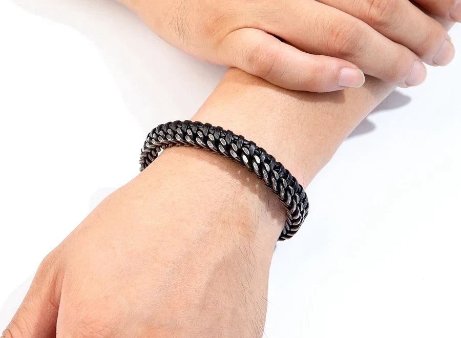 TYO New Fashion Stainless Steel Double Chain Braid Leather Mens Bracelet with Magnetic Buckle Best Gifts Whoesale Dropshipping