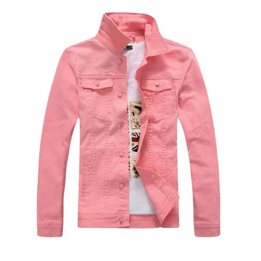 Men Pink Denim Jackets Outwear Slim Fit Denim Coats New Fashion Male Cotton Jeans