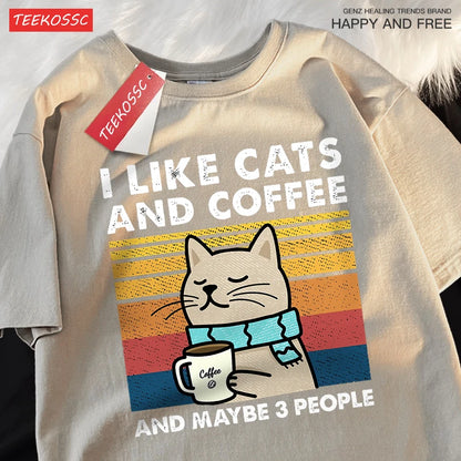 I Like Cats And Coffee Men Women T-Shirt Cotton Tee Clothes Hip Hop Loose Tshirt Fashion Crewneck T-Shirt Streetwear Couple