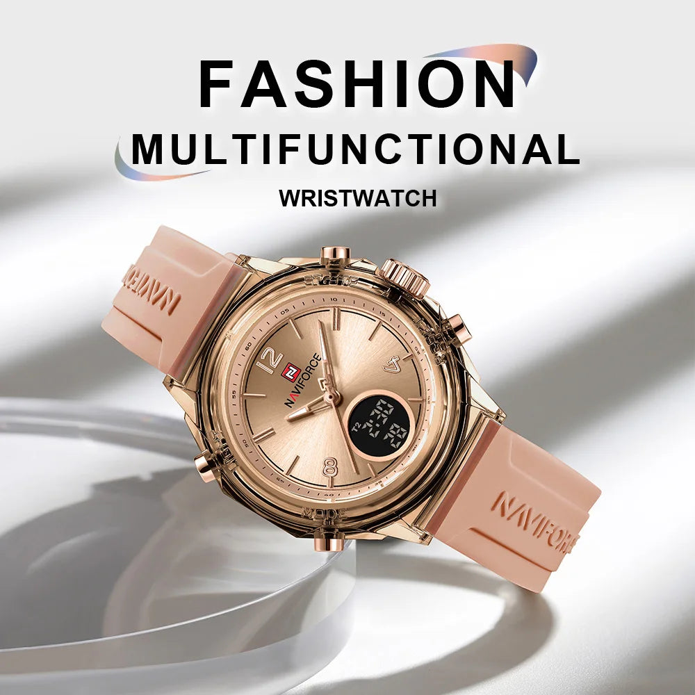 NAVIFORCE Luxury Women's Watch Gold Outdoor Sports Waterproof Watches Dual Time Display Quartz Wristwatches Rubber Digital Clock