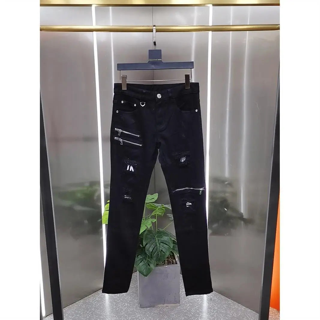 Men's High Street Korean Black Jeans with Zipper Distressed