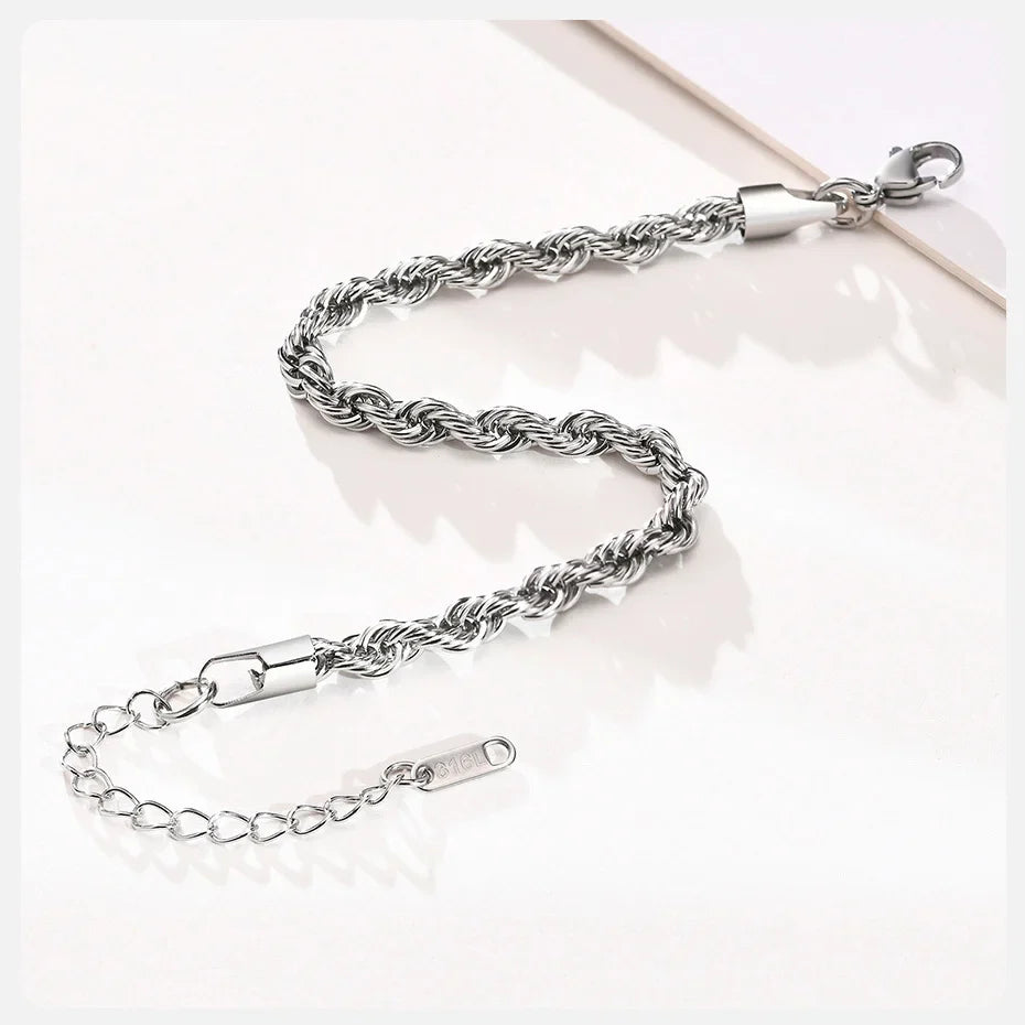 Vnox Unisex Rope Chain Bracelets for Men Women, Stainless Steel Twisted Links Chain Bracelet,Simple Classic Jewelry Gift for Him