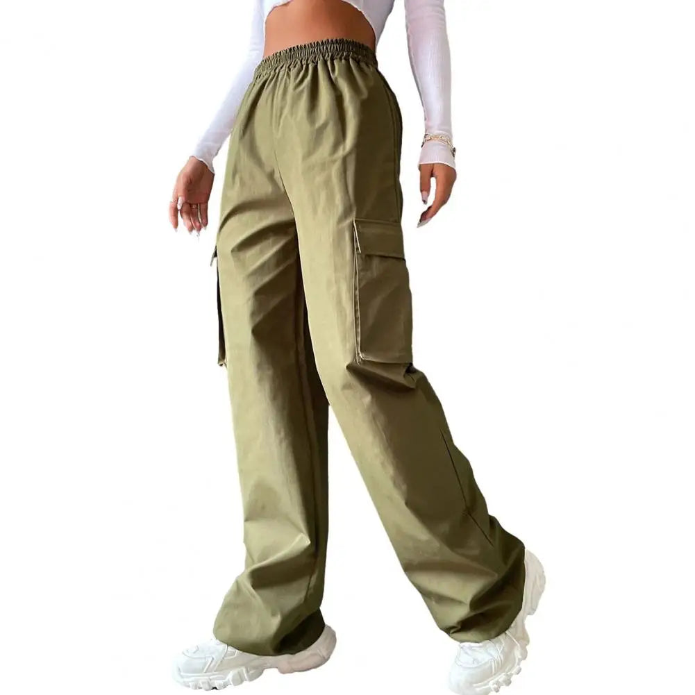 Women Cargo Pants Side Flap Pocket Trousers Solid Color Elastic Waist Wide Leg Female