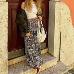 Fashion Vintage Leopard Print Wide-leg Pants Women Casual High-waisted Trouser