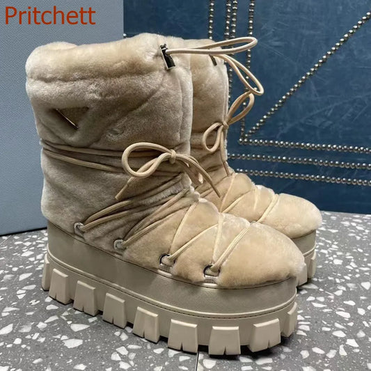 Round Toe Thick Sole Women Boots Short Boots Solid Fur Cross Tied Winter Snow Boots